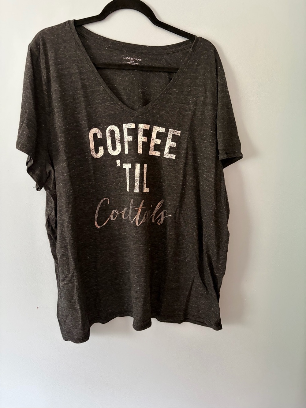 Lane Bryant Charcoal V-Neck Tee with Metallic Rose Gold Script